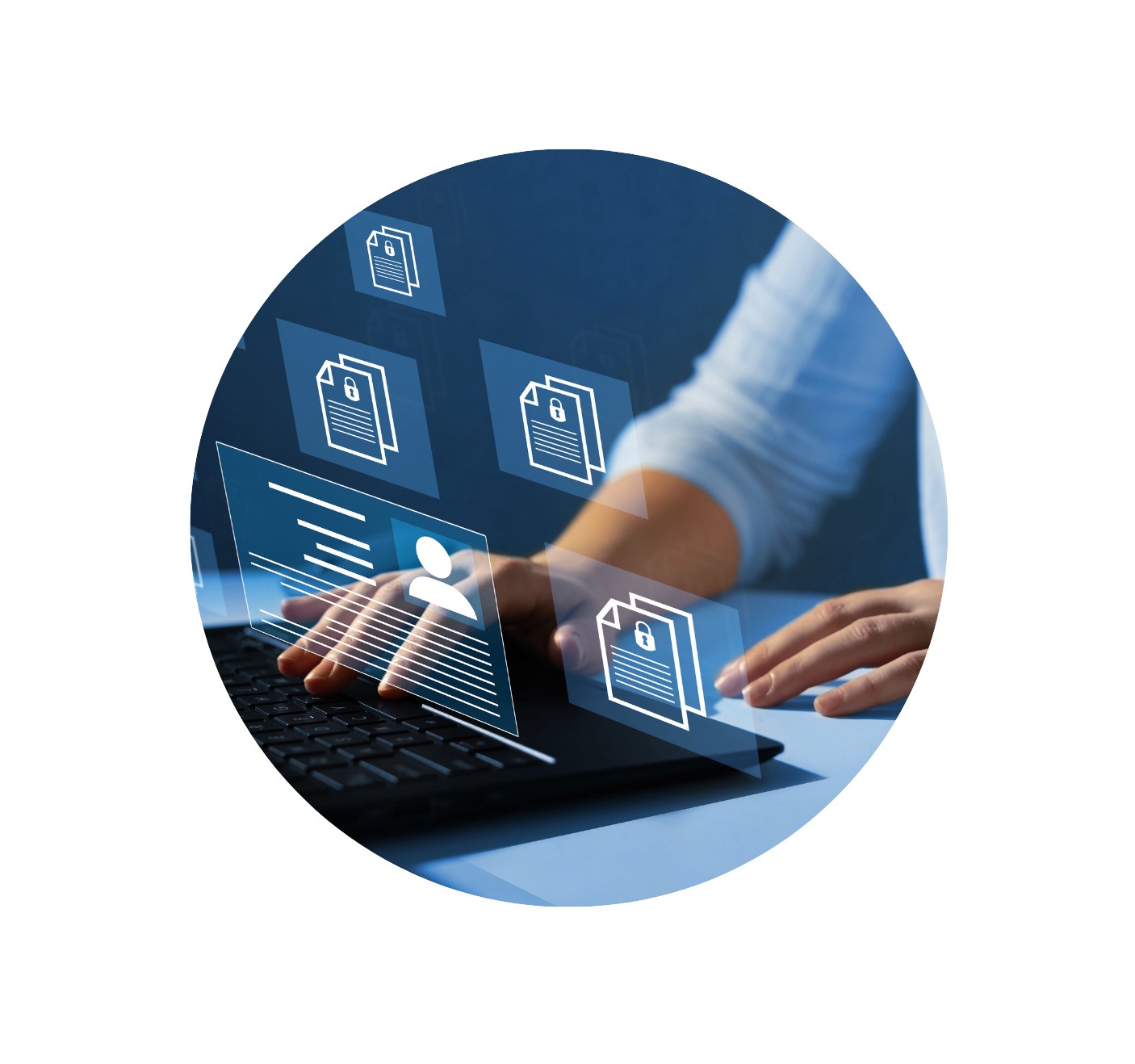 Gros plan sur des mains tapant sur un clavier d'ordinateur avec des icônes de documents sécurisés et de profils utilisateurs en surimpression, illustrant l'IA et la classification automatique de HABIGED